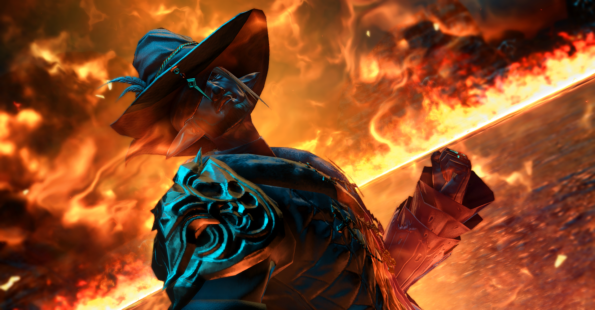 a screenshot of Sartauvoir quo Soranus from FFXIV casting a fire spell